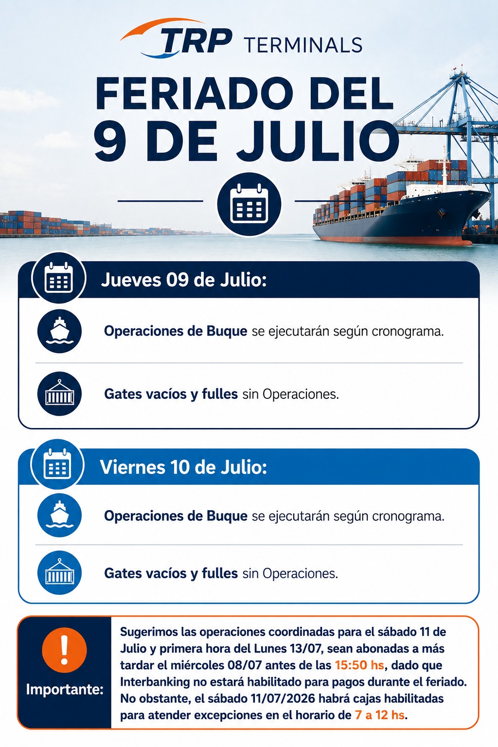 Operativa portuaria: Cronograma para los feriados del 9 y 10 de julio