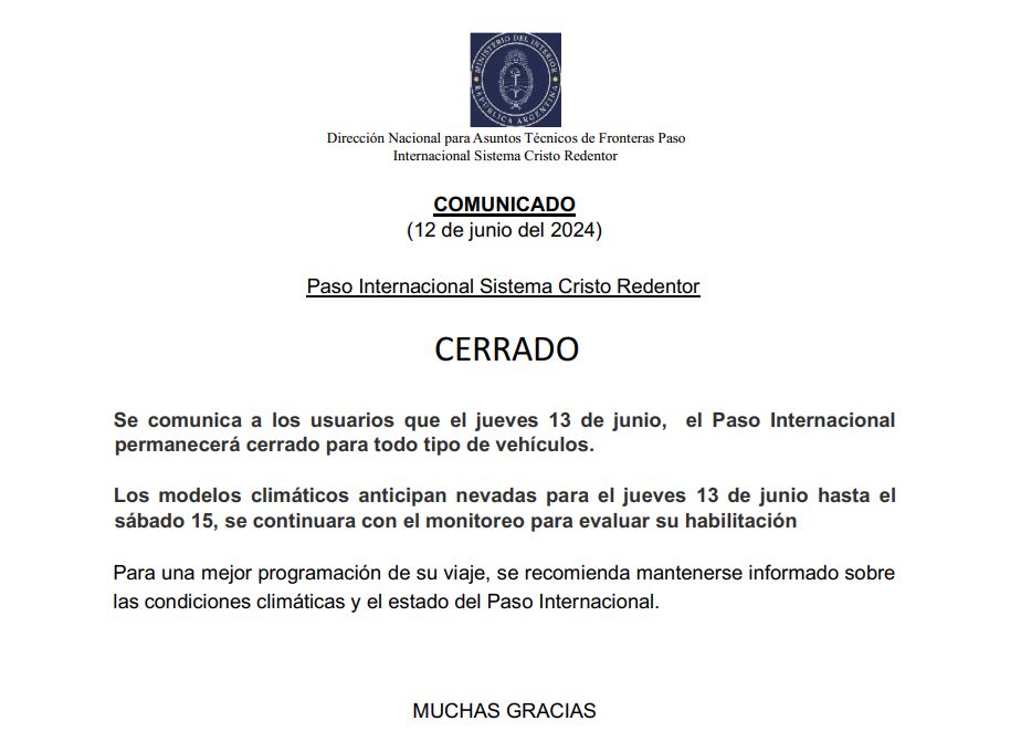  CERRADO  el Paso Internacional Cristo Redentor